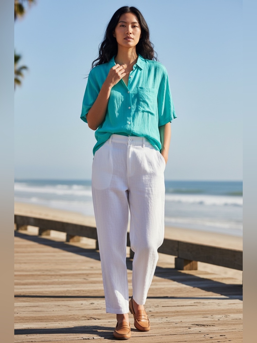 Vintage 1990s CHAUS 100% Silk Aqua Green Button Front Blouse Women’s Large NWT